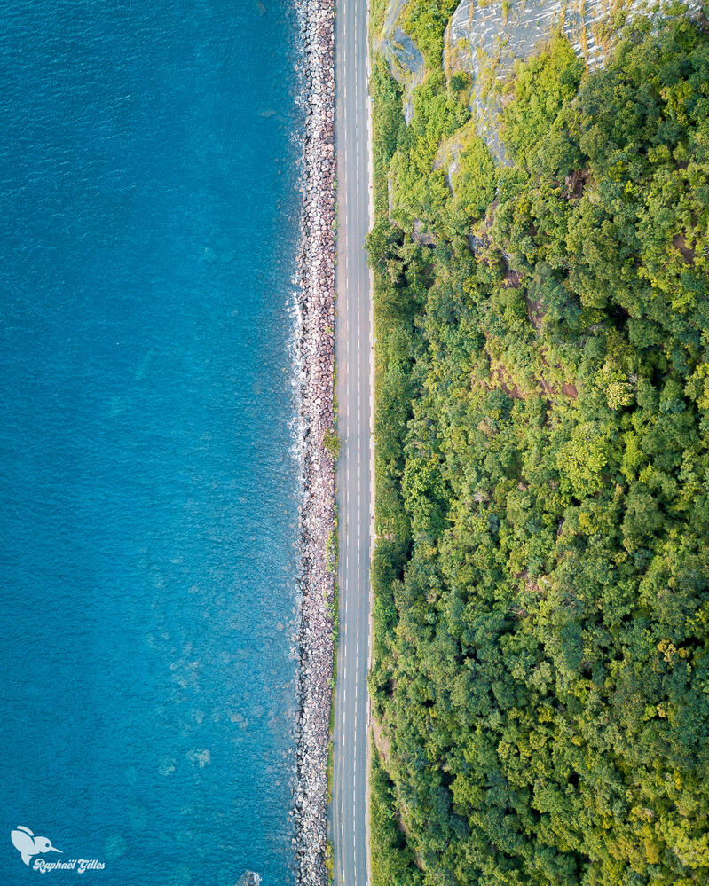 Photographie au drone. Une route sépare la mer des Caraïbes et la forêt Guadeloupéenne.