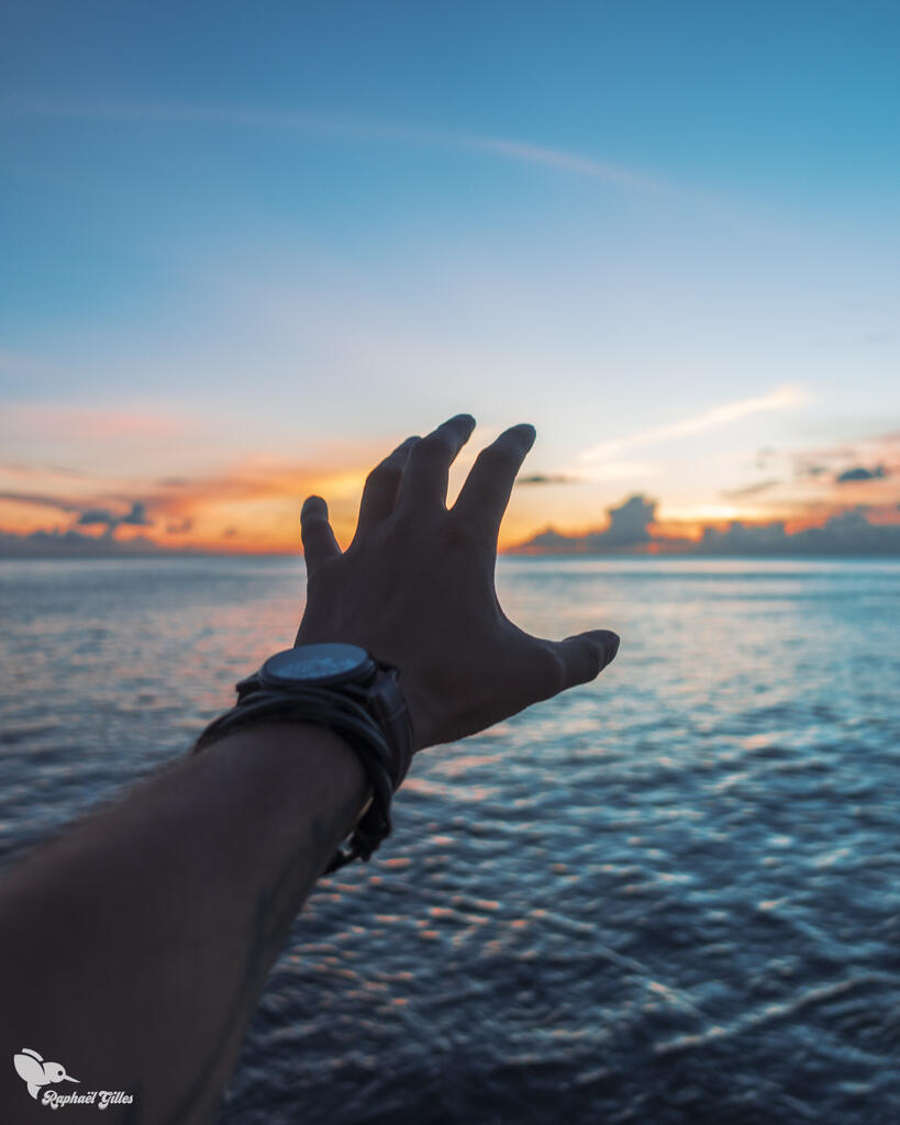 Une main tendue en direction d’un coucher de soleil en bord de mer.
