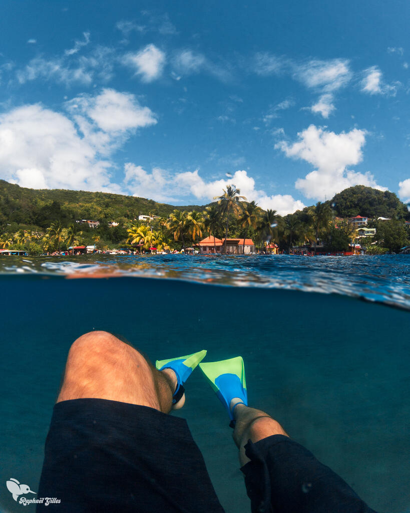 Photo capturée à la GoPro.
A moitié plongée dans l'eau, à moitié hors de l'eau.

Dans la moitié supérieure on peut apercevoir une plage de cocotiers au loin.
Dans la moitié inférieure des jambes palmées.