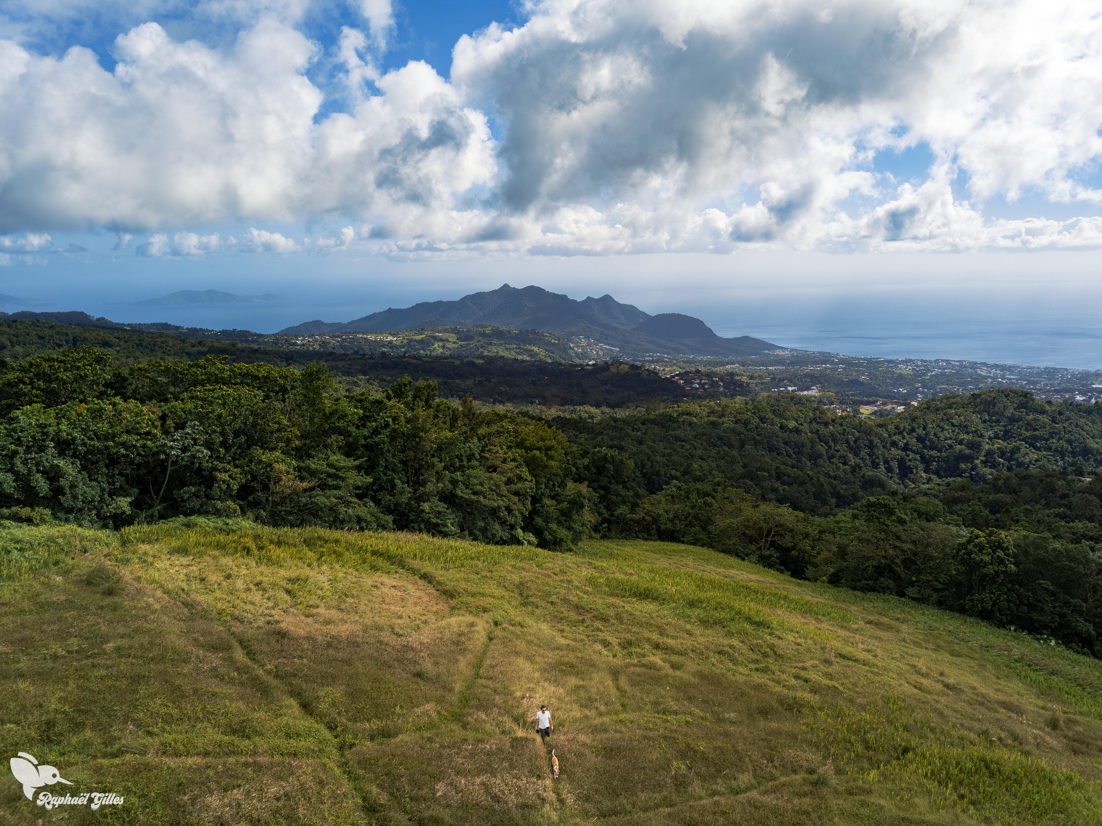 Photo prise au drone.
Un homme marche dans des herbes. Un paysage plein de relief en fond. La mer à l'horizon.